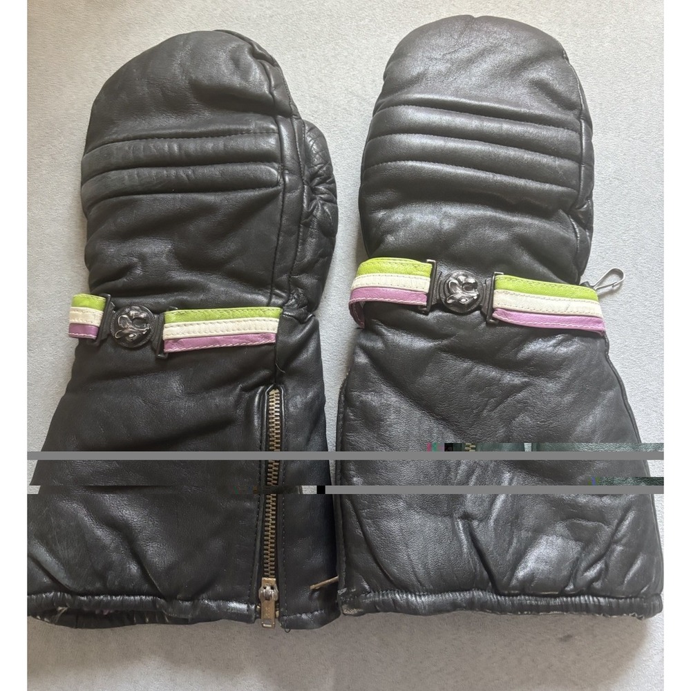 Vintage 70s Arctic Cat Snowmobiling Black Leather Riding Mittens Glove XL Elbow